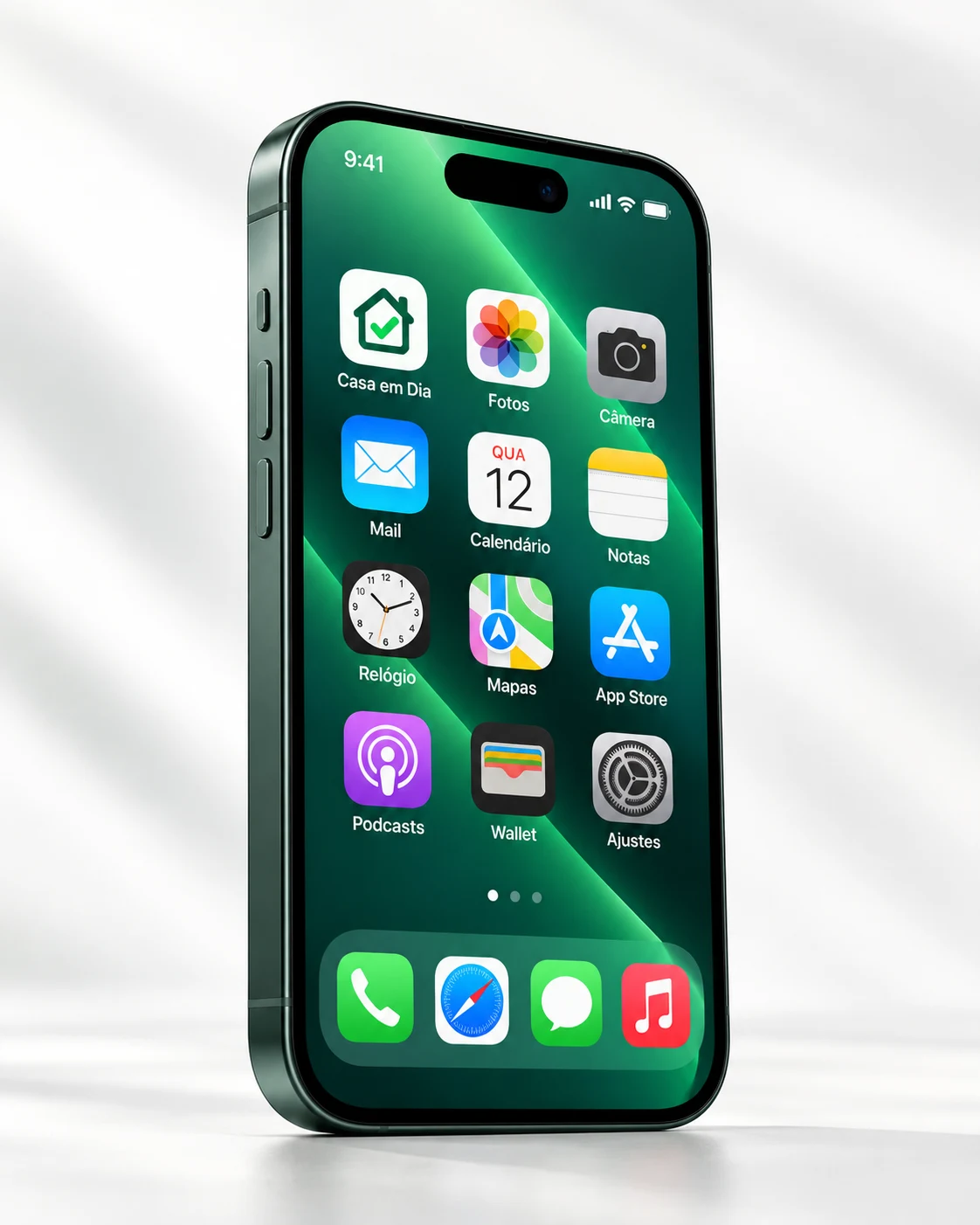 iPhone verde com o ícone do app Casa em Dia em destaque na tela inicial